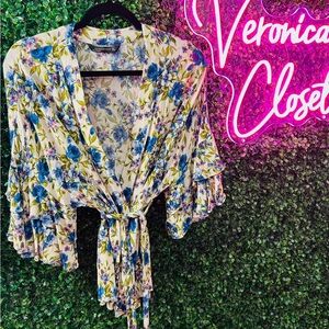 Zara Floral Wrap Blouse - Blue and Green